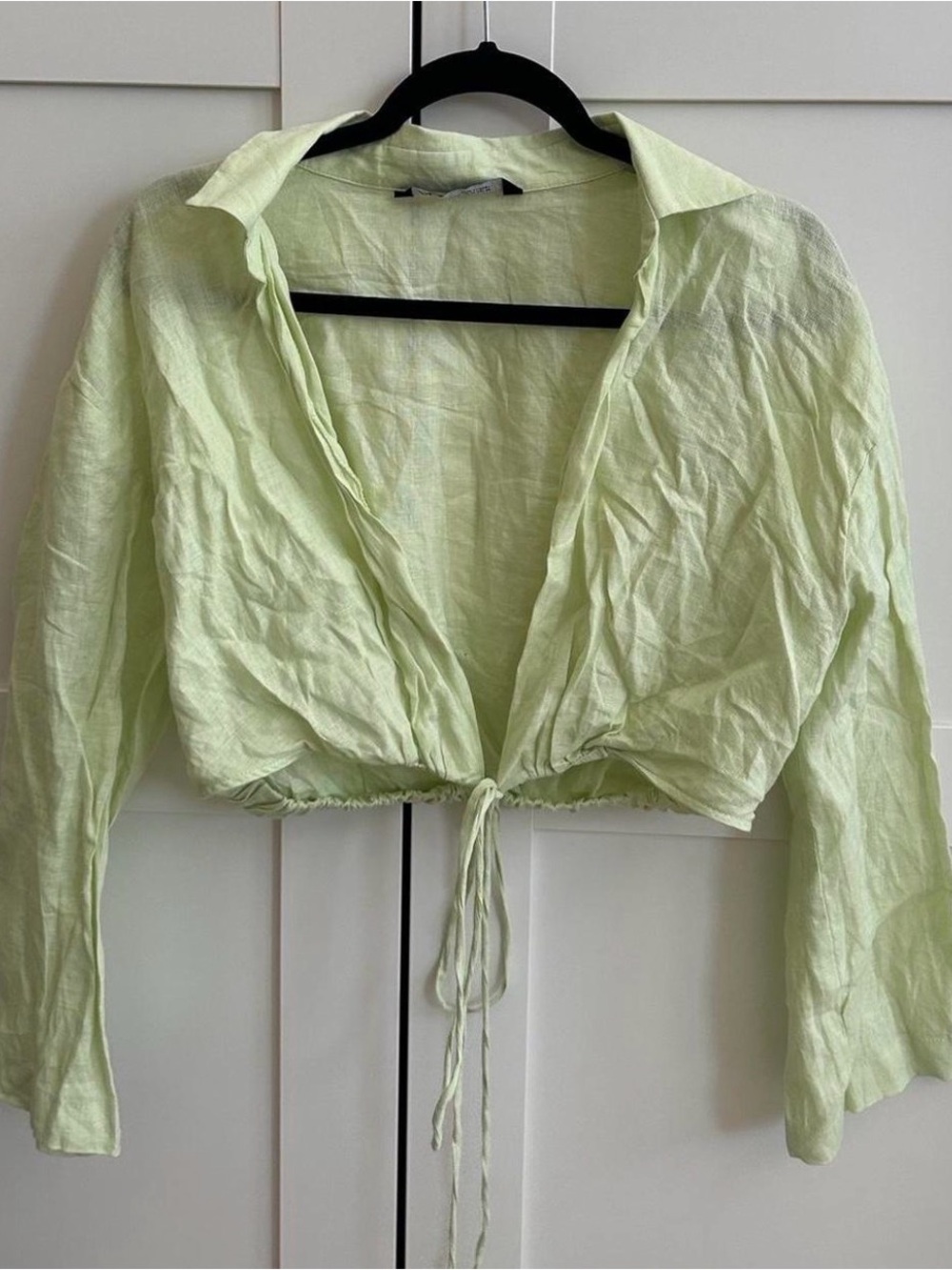 Zara Pale Lime Drawstring Cropped Button-Down